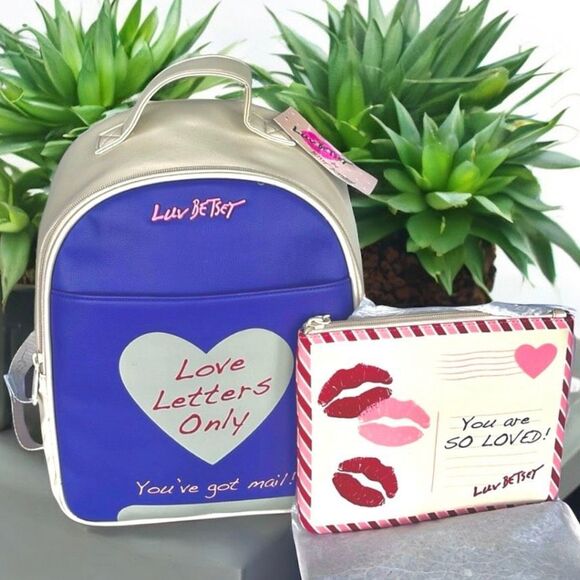 NWT Betsey Johnson Purple Cream Backpack Only Love Letters W/ zip pouch LBCHARLI - Picture 1 of 16